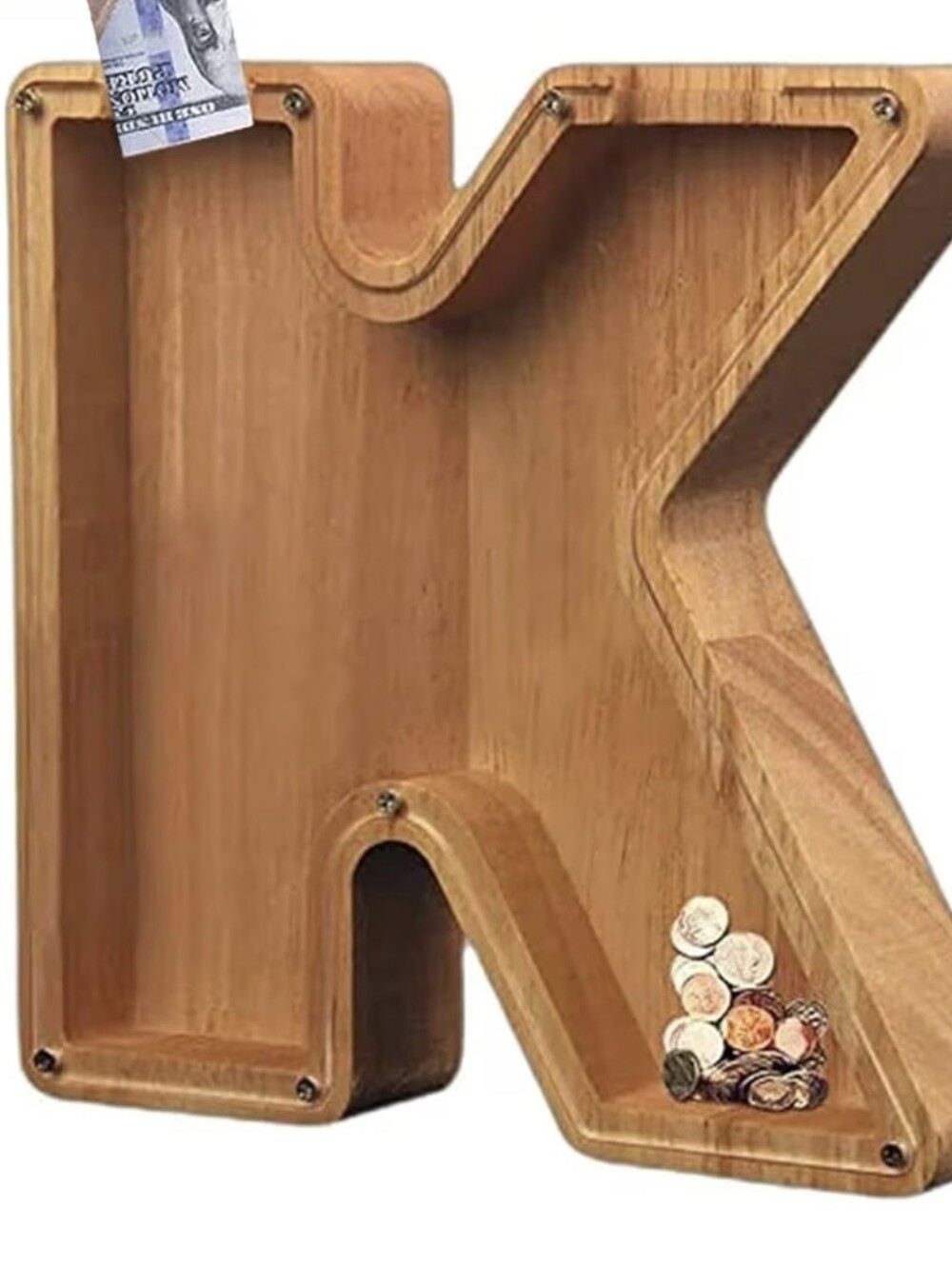 Letter K Wooden Money Bank - Natural Wood Coin Saver